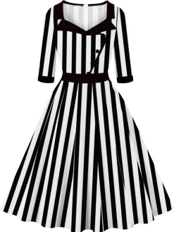 Discount Retro Stage 1950S Lapel & White Stripes Dress Black