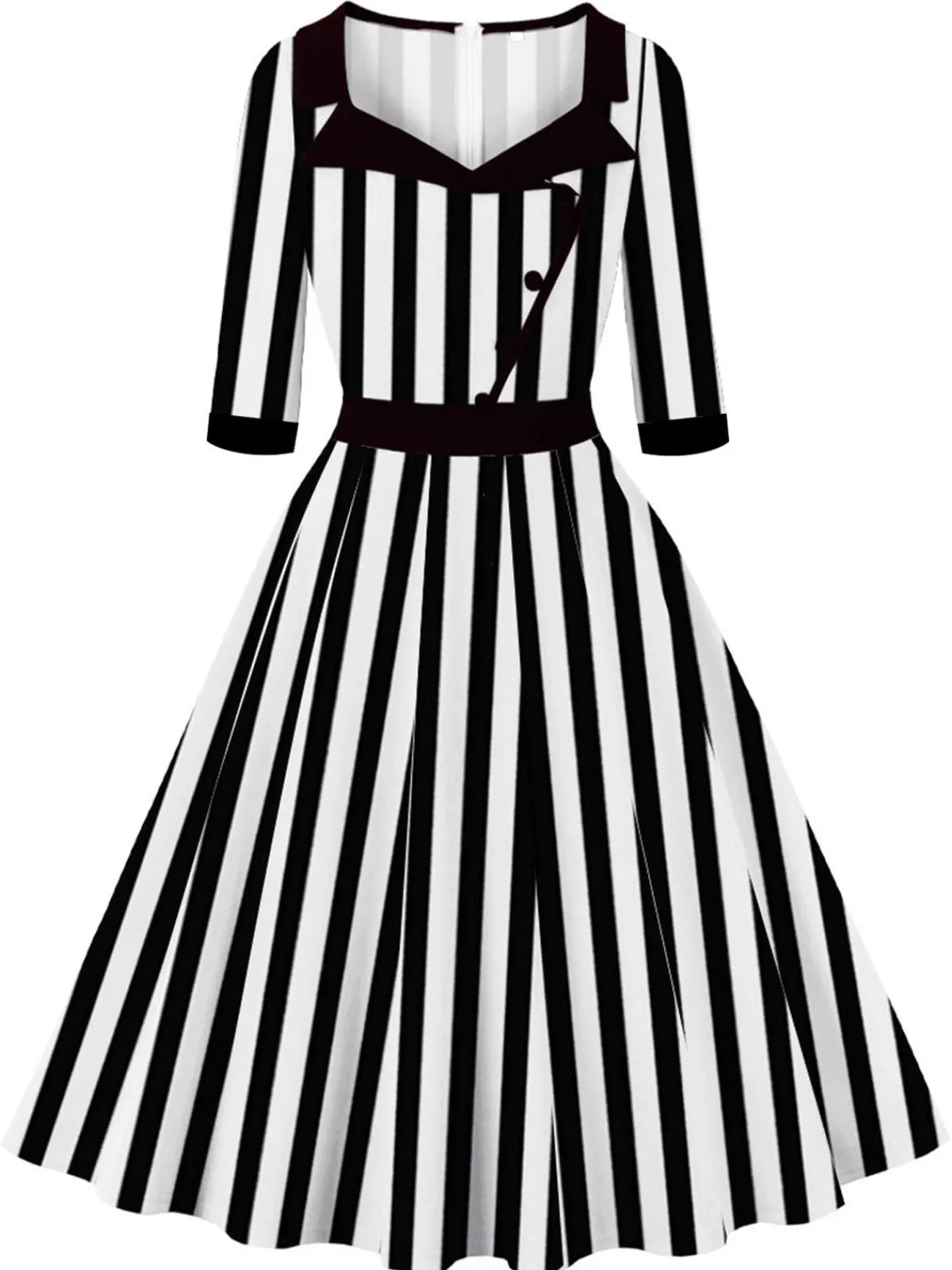 Discount Retro Stage 1950S Lapel & White Stripes Dress Black