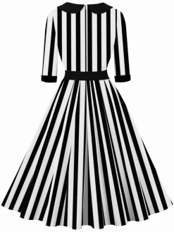 Discount Retro Stage 1950S Lapel & White Stripes Dress Black