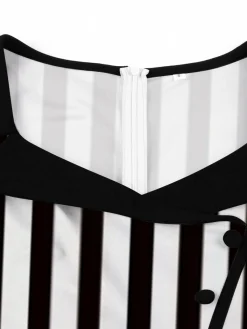 Discount Retro Stage 1950S Lapel & White Stripes Dress Black