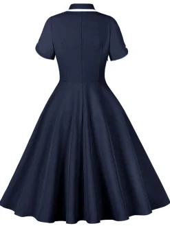 Best Retro Stage 1950s Lapel Buttoned Short Sleeve Solid Dress