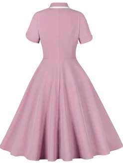 Best Retro Stage 1950s Lapel Buttoned Short Sleeve Solid Dress