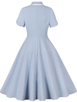 Best Retro Stage 1950s Lapel Buttoned Short Sleeve Solid Dress