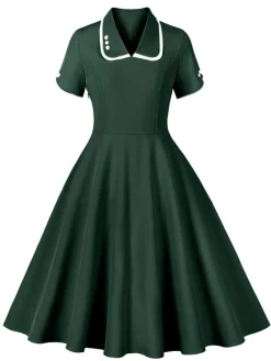 Best Retro Stage 1950s Lapel Buttoned Short Sleeve Solid Dress