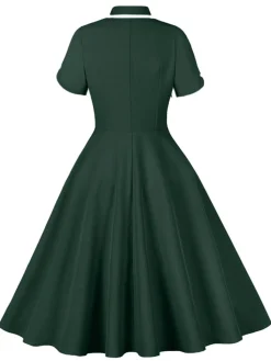 Best Retro Stage 1950s Lapel Buttoned Short Sleeve Solid Dress