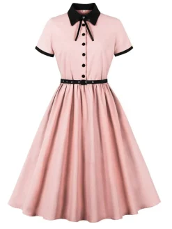 Best Retro Stage 1950s Lapel Colorblock Swing Shirt Dress
