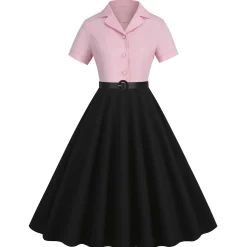 Outlet Retro Stage 1950s Lapel Contrast Belted Dress