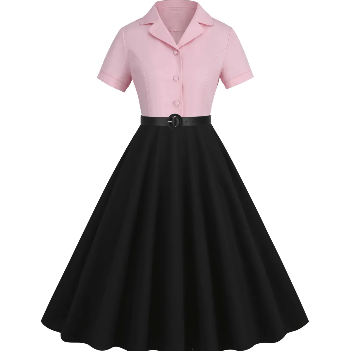 Outlet Retro Stage 1950s Lapel Contrast Belted Dress