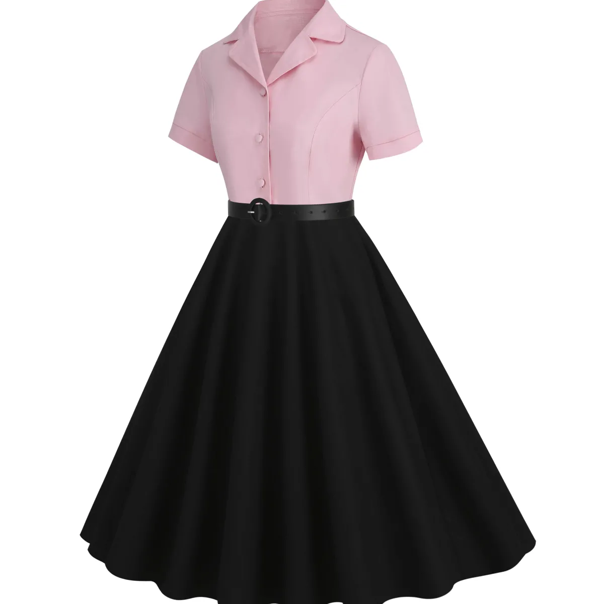 Outlet Retro Stage 1950s Lapel Contrast Belted Dress