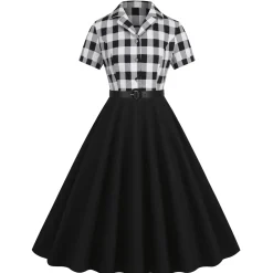 Outlet Retro Stage 1950s Lapel Contrast Belted Dress