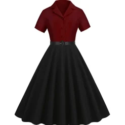 Outlet Retro Stage 1950s Lapel Contrast Belted Dress