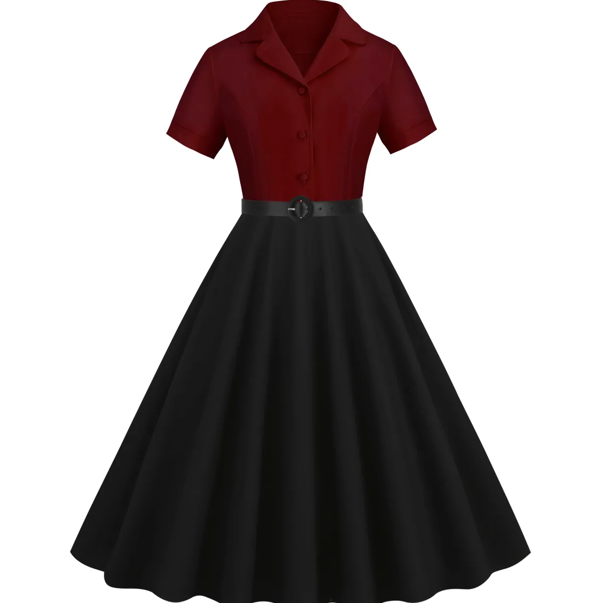Outlet Retro Stage 1950s Lapel Contrast Belted Dress