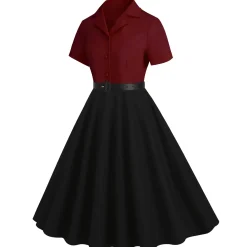 Outlet Retro Stage 1950s Lapel Contrast Belted Dress
