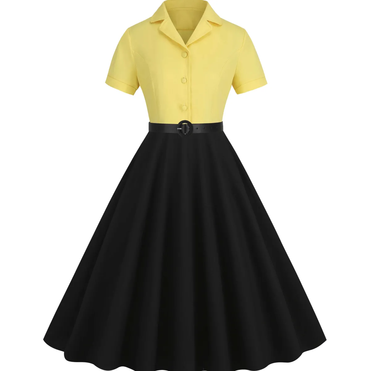Outlet Retro Stage 1950s Lapel Contrast Belted Dress