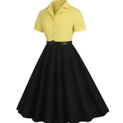 Outlet Retro Stage 1950s Lapel Contrast Belted Dress