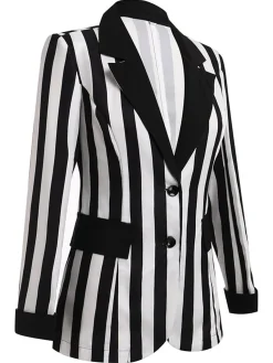 Hot Retro Stage 1950s Lapel Contrast Stripes Blazer Black & White
