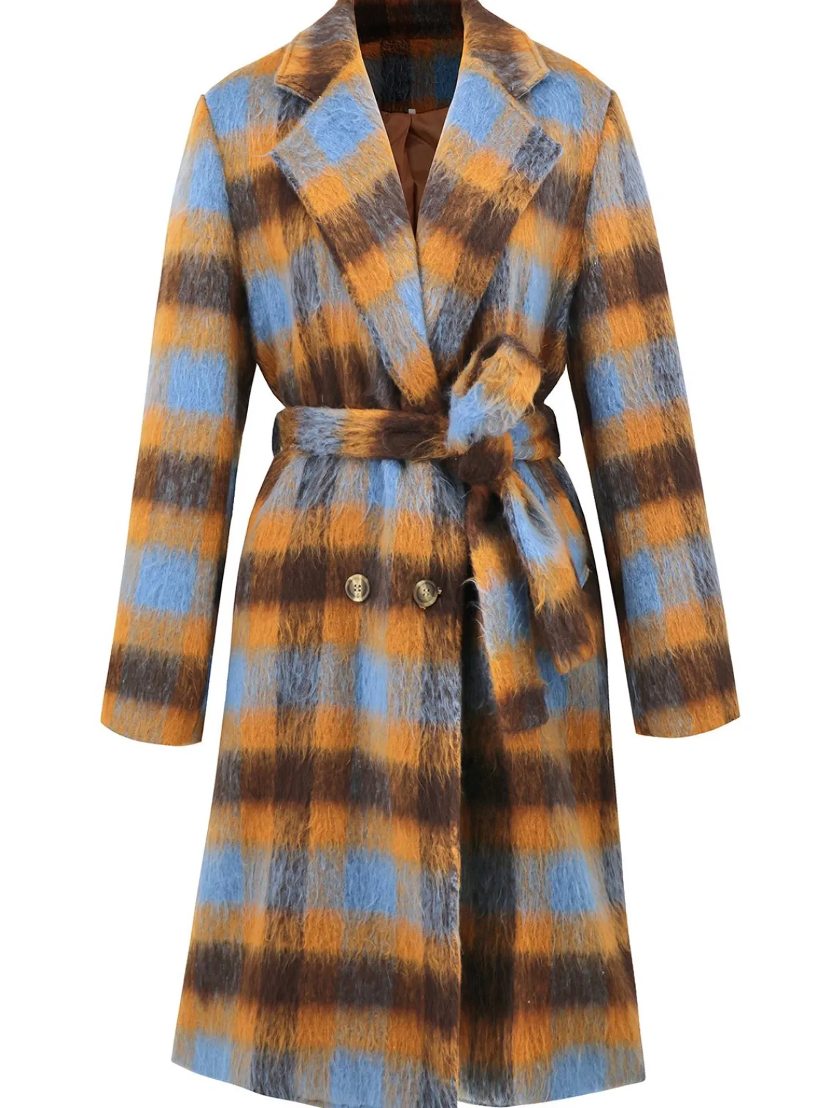 New Retro Stage 1950s Lapel Contrast Plaids Belted Coat Yellow