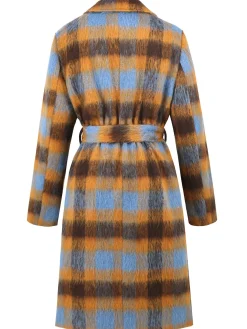 New Retro Stage 1950s Lapel Contrast Plaids Belted Coat Yellow