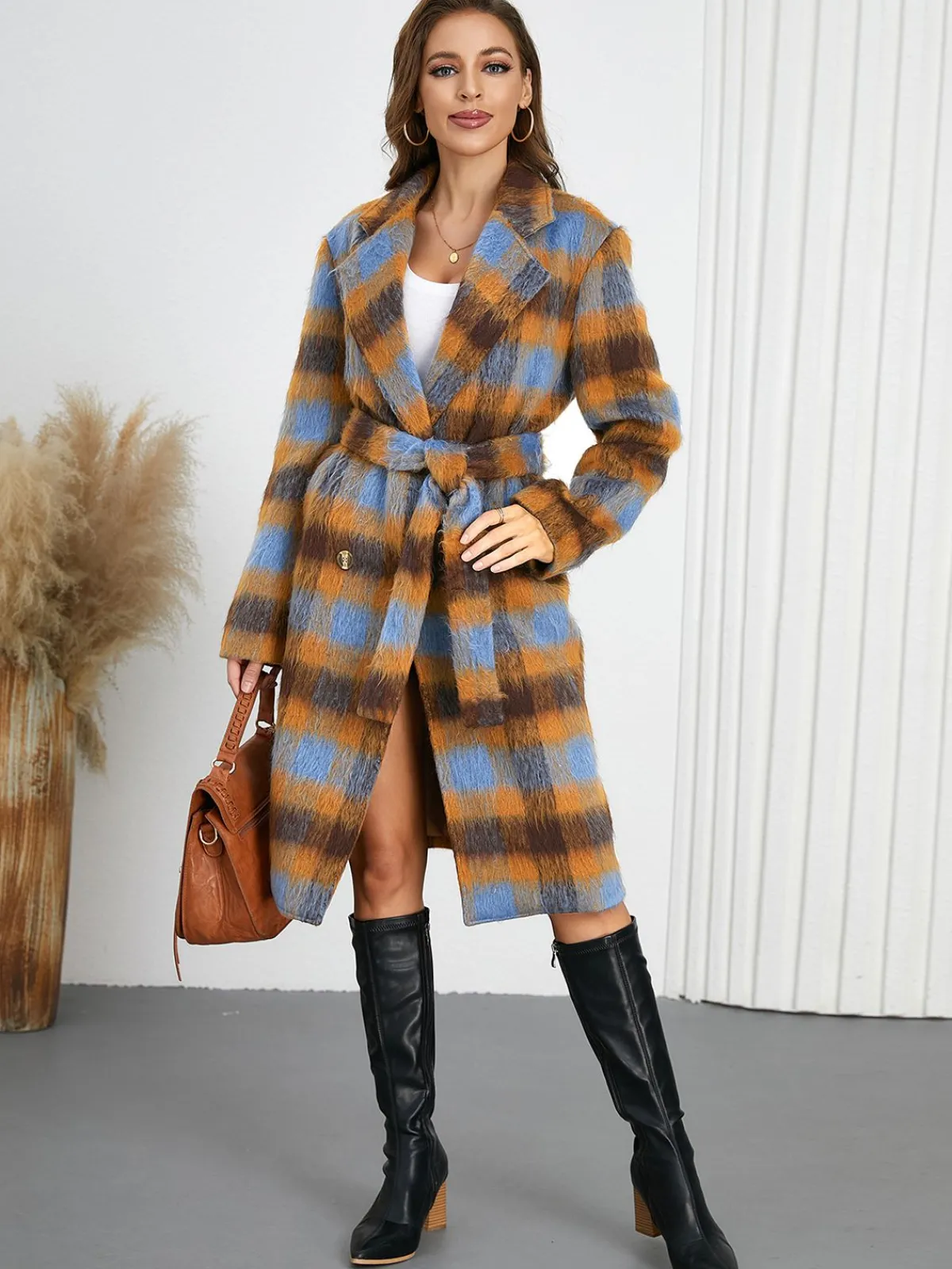 New Retro Stage 1950s Lapel Contrast Plaids Belted Coat Yellow