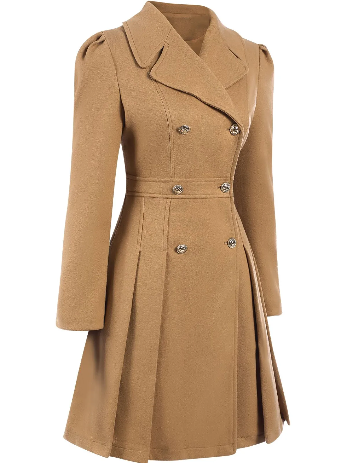 Best Retro Stage 1940s Lapel Double-Breasted Pocket A-Line Coat Light Khaki
