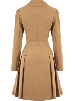 Best Retro Stage 1940s Lapel Double-Breasted Pocket A-Line Coat Light Khaki