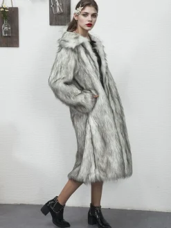 Online Retro Stage 1930s Lapel Faux Fur Long Coat