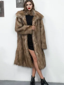 Online Retro Stage 1930s Lapel Faux Fur Long Coat