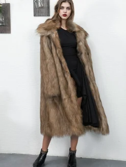 Online Retro Stage 1930s Lapel Faux Fur Long Coat