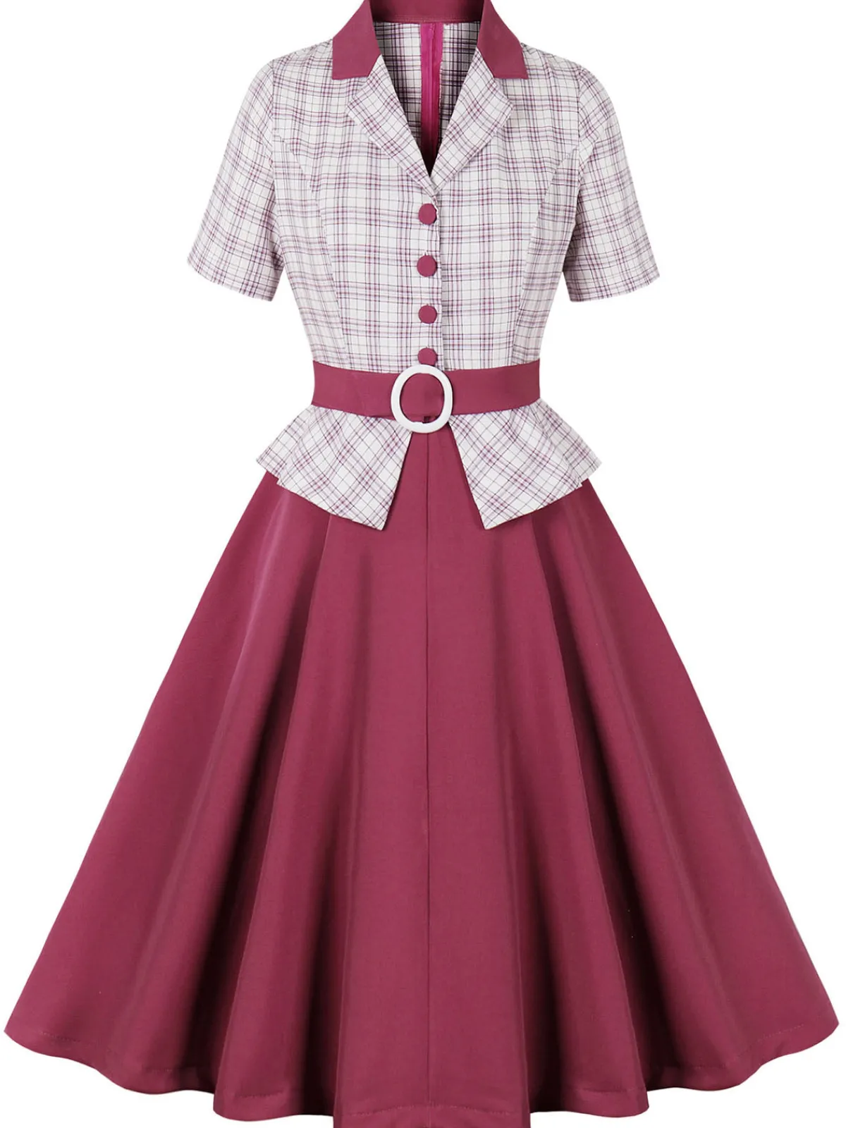Outlet Retro Stage 1950s Lapel Glen Check Belted Dress Pink