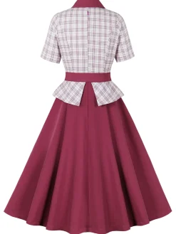 Outlet Retro Stage 1950s Lapel Glen Check Belted Dress Pink