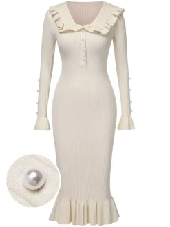 Fashion Retro Stage 1930s Lapel Knitted Colorblock Fishtail Dress
