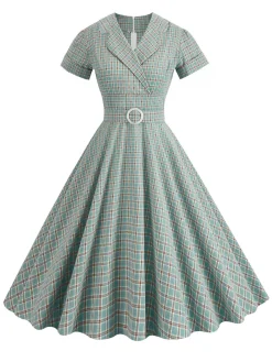 Best Retro Stage 1950s Lapel Plaids Belted Dress