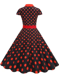 Hot Retro Stage 1950s Lapel Polka Dots Bow Swing Dress