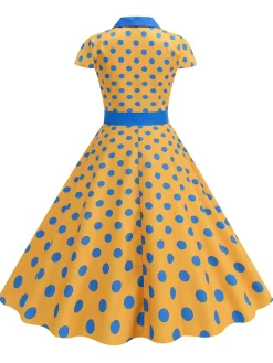 Hot Retro Stage 1950s Lapel Polka Dots Bow Swing Dress