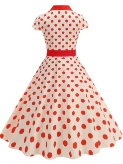 Hot Retro Stage 1950s Lapel Polka Dots Bow Swing Dress