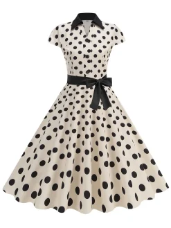 Hot Retro Stage 1950s Lapel Polka Dots Bow Swing Dress