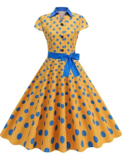 Hot Retro Stage 1950s Lapel Polka Dots Bow Swing Dress