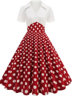 Hot Retro Stage 1950s Lapel Polka Dots Patchwork Swing Dress