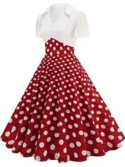 Hot Retro Stage 1950s Lapel Polka Dots Patchwork Swing Dress