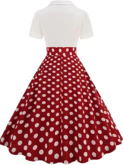 Hot Retro Stage 1950s Lapel Polka Dots Patchwork Swing Dress