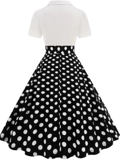 Hot Retro Stage 1950s Lapel Polka Dots Patchwork Swing Dress