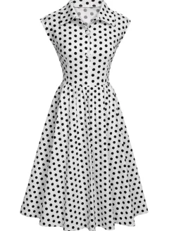 Best Retro Stage 1940s Lapel Polka Dots Sleeveless Dress