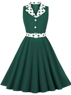 Fashion Retro Stage 1950s Lapel Polka Dots Sleeveless Belted Dress