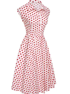 Discount Retro Stage 1940s Lapel Polka Dots Sleeveless Dress