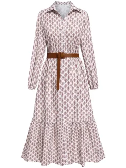 Best Retro Stage 1930s Lapel Printed Belted Long Sleeve Dress Khaki