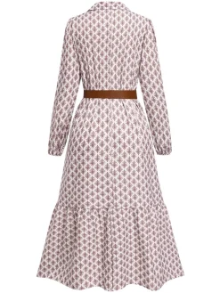 Best Retro Stage 1930s Lapel Printed Belted Long Sleeve Dress Khaki