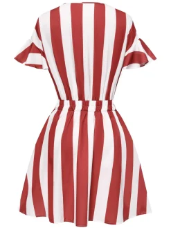 Online Retro Stage 1950s Lapel And White Striped Dress Red