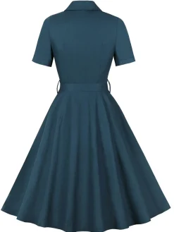Outlet Retro Stage 1950s Lapel Solid Buttons Belt Dress