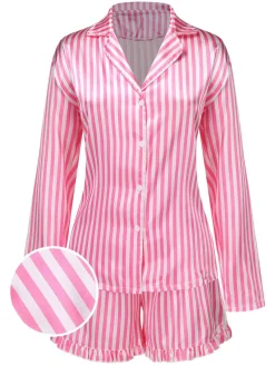 Hot Retro Stage 1960s Lapel Stripes Satin Pajamas Set