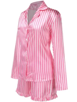 Hot Retro Stage 1960s Lapel Stripes Satin Pajamas Set